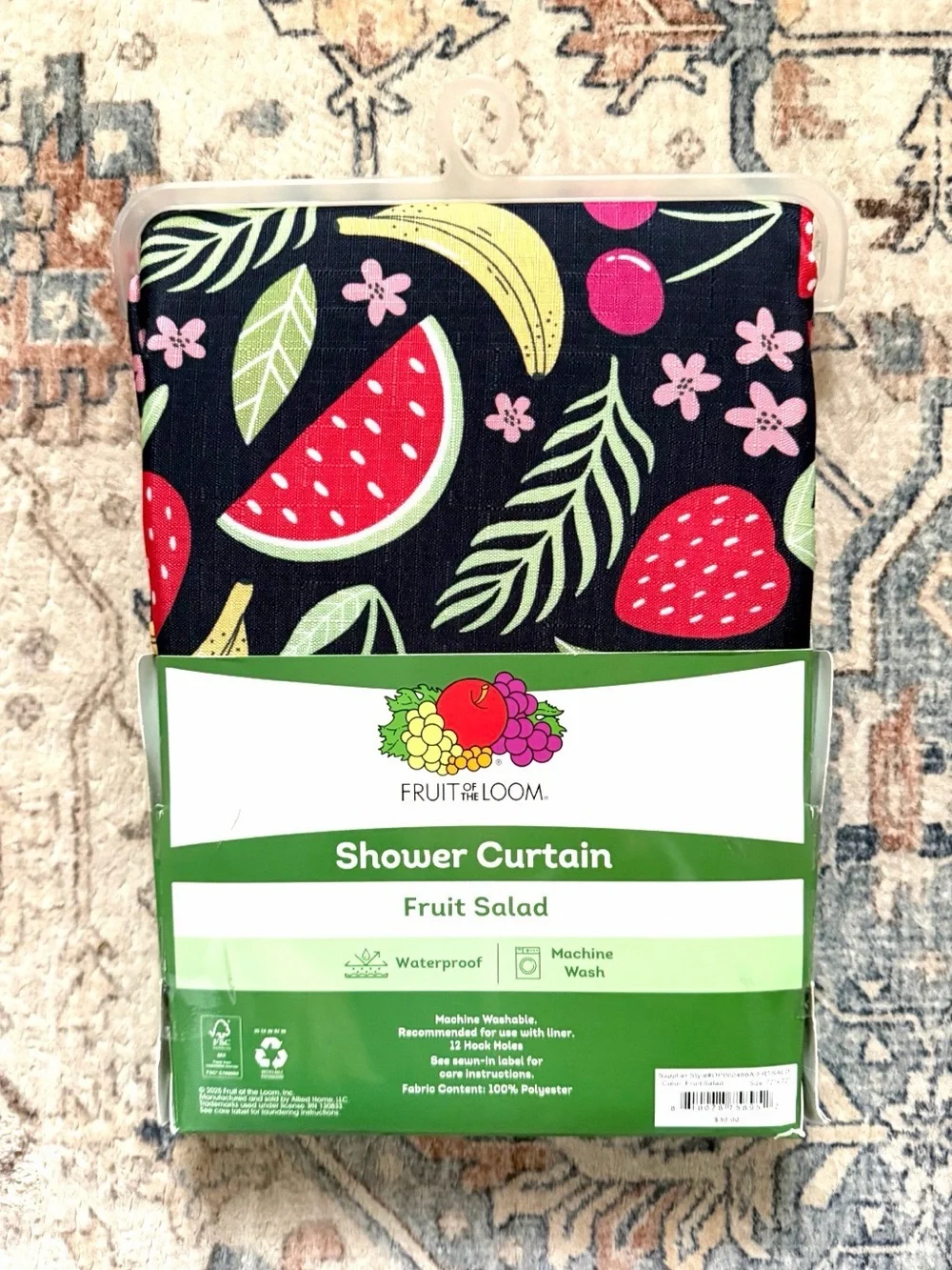 Fruit of the Loom Black Shower Curtain with Bright Fruit Print